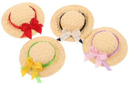 BESPORTBLE 4 sombreros de paja en miniatura para manualidades, pequeños sombreros tejidos para muñecas, minisombreros para decoración de casa de muñecas, mini sombreros de paja tejidos a mano
