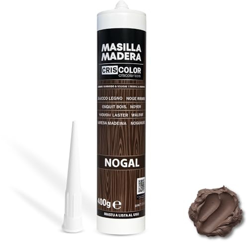 Masilla Madera Nogal, Ideal para rellenar y y reparar madera al interior, Masilla lista al uso, Rellenadora de agujeros, Formato cartucho para pistola, Color Nogal, Contiene 400 gramos