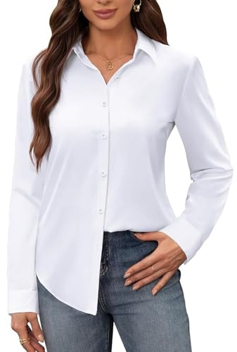 InfiniZer White Shirts for Women UK, Button Down Oversized Long Sleeve Ladies White Shirt, Business Casual Blouse Top for Women (UK, Alpha, M, Regular, Regular)