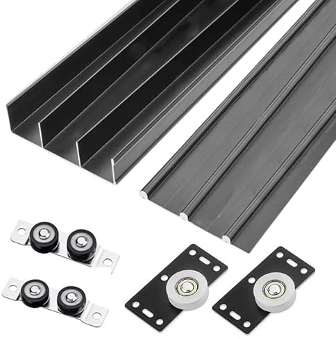 Kit di ferramenta per porta scorrevole a triplo binario nero, 100 cm, per armadio e ante in vetro, include guide superiori e inferiori con meccanismo a puleggia scorrevole silenziosa