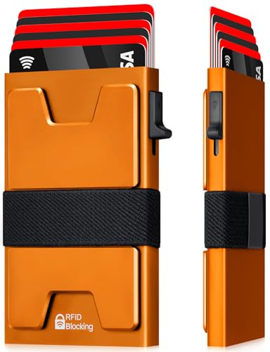 LXMY Herrplånbok, RFID-blockerande kreditkortshållare, pop up minimalistisk smal metallplånbok med bakplatta & pennband, lämpliga gåvor för män, Orange, 10.1 X 7 X 2cm, Minimalistisk