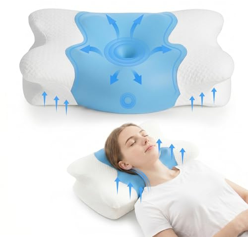 COSYLAND Almohada Cervicales y Cuello - Espuma Viscoelástica, Diseño Mariposa con Soporte Ergonómico y Transpirable, para Dormir de Lado, Boca Arriba y Boca Abajo, 60 x 40 x 10/13 cm, Azul
