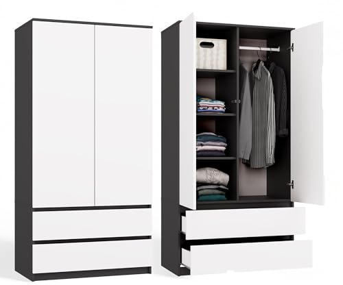 CDF Kleiderschrank 90 cm breit Zweitüriger Flurschrank 2 Schubladen | mit Regalen und Kleiderstange für Schlafzimmer Kinderzimmer Kleiderschränke Laminierte Platte 16 mm Robust - Anthrazit/Weiß