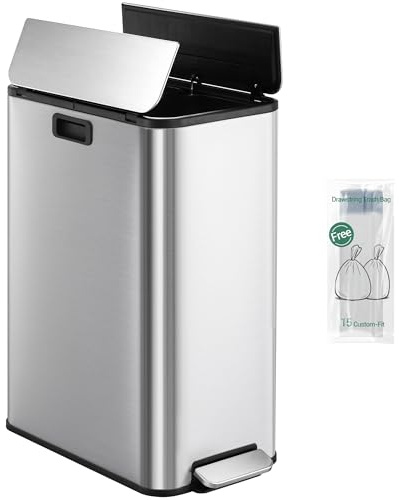 Hzuaneri Mülleimer Küche, 2 x 28 Liter Mülleimer Schmal, Mülltrennsystem mit Herausnehmbarem Inneneimer, Inklusive 15 Spezial-Müllbeuteln, Silber SW22899E