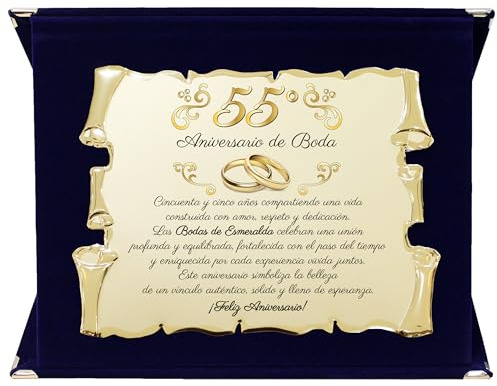 Placa Bodas de Esmeralda – 55° Aniversario de Boda | Placa Conmemorativa para Bodas de Esmeralda en Aluminio Dorado | Regalo Elegante para 55 Años de Matrimonio con Estuche de Lujo