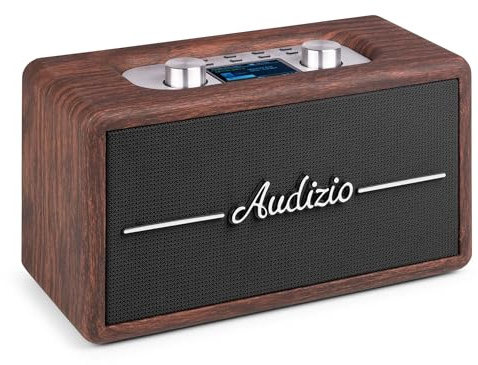 Audizio Tune60 Enceinte Portable BT Rétro avec Radio Dab+ et FM - Haut Parleur sans Fil Vintage 40W avec USB, Micro SD, AUX et Télécommande - Enceinte Mobile Design Noyer
