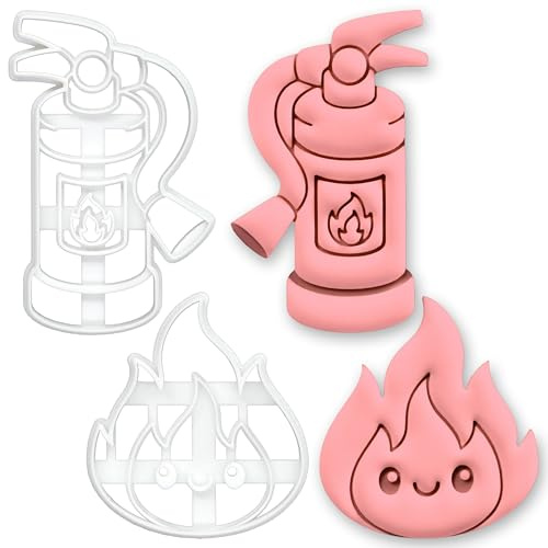 BAKERLOGY Set aus 2 Feuerlöscher & Flamme Ausstechformen – Feuerwehr Thema Keks Ausstecher Set für Sicherheits Backen, Notfall Kekse, Fondant Dekoration
