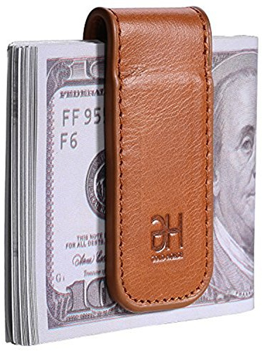 GH GOLD HORSE Slim Magnetic Money Clip Genuine Leather Business Card Holder for Men (Brown)