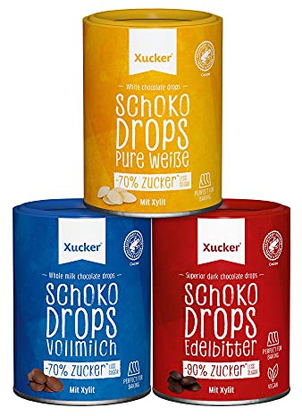 Xucker Schoko-Drops mit Xylit 3 x 200 g – Zuckerreduzierte Schokolade zum Backen – Schokoladen-Drops in Vollmilch, Weiß und Edelbitter