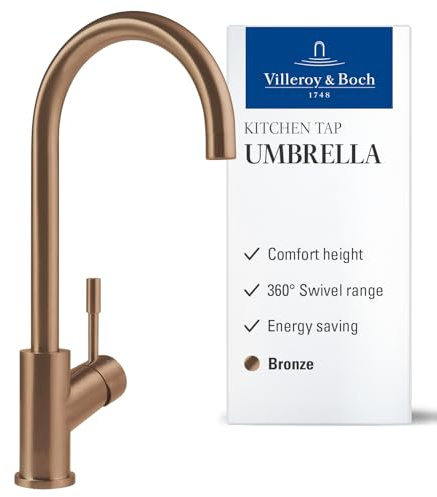 Villeroy & Boch Umbrella, grifo de cocina de alta presión, con ColdStart para ahorro de energía, cartucho cerámico y alcance giratorio de 360°, ahorro de agua, altura del caño 275 mm, bronce
