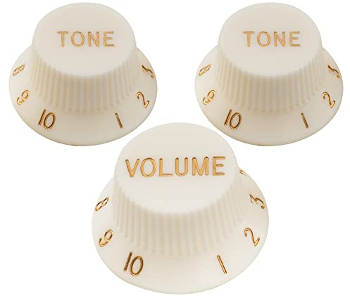 Musiclily Pro Métrique 18 Splines Boutons de Potentiomètres 1 Volume 2 Tone Strat Knobs Set pour l'Asie Import Guitare Basse Split Shaft Pots, Aged White