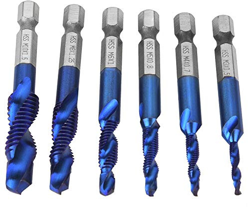 Ensemble de forets 6PCS, taraud composé M3/M4/M5 M6/M8/M10 pour tige de foret à tige hexagonale en acier à haute vitesse, adapté au taraudage doux en métal, aluminium, fer(Bleu)