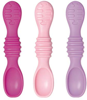 Bumkins Baby Utensils Set, Silicone Spoons for Dipping, Self-Feeding, Baby Led Weaning, Trainer Tip, Soft Chew Safe, Learning First Stage Eating, Babies 4 Months, 3-pk Lollipop Color