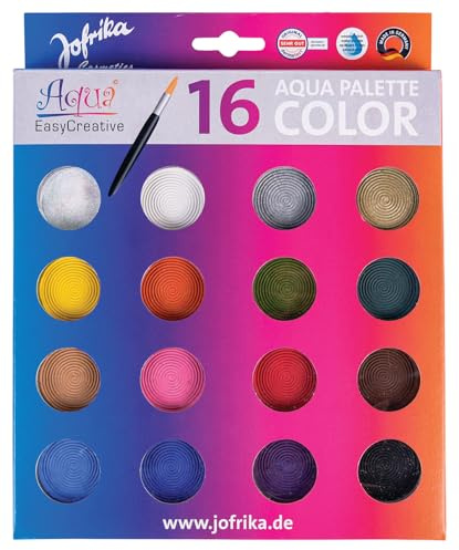 JOFRIKA Aqua Color Palette 16er | Schminke mit 15 Farben und Glitzerpuder | Inklusive Pinsel | Wischfest | Wasserlöslich | Leichte Handhabung | Karneval, Halloween u. Events | mehrfarbig 708795 - STD