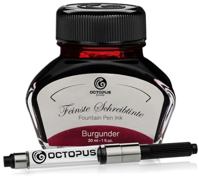 Octopus Fluids Füllhaltertinte Burgunder, mit Tinten-Konverter, 30 ml | Mit Tinten-Konverter für Füllhalter mit Standardpatronensystem, farbintensive Schreibtinte mit schönem Shading