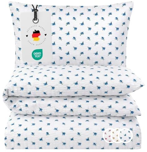 Carpe Sonno Seersucker Bettwäsche 135x200 cm Blumen – Blau bügelfrei | Florale Sommerbettwäsche im Landhausstil | kühlend, Reißverschluss, bügelfrei | Deckenbezug + Kissenbezug 80x80