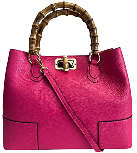 Modarno Sac femme en cuir véritable avec poignée en bambou authentique/élégant et minimaliste/sac de luxe, fuchsia