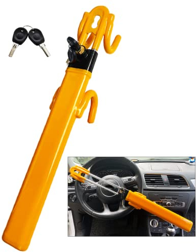 Dodomes Steering Wheel Lock Anti-Theft Heavy Duty Secure Car Device, Adjustable Length Clamp Double Hook Locks Universal Fit (Yellow)