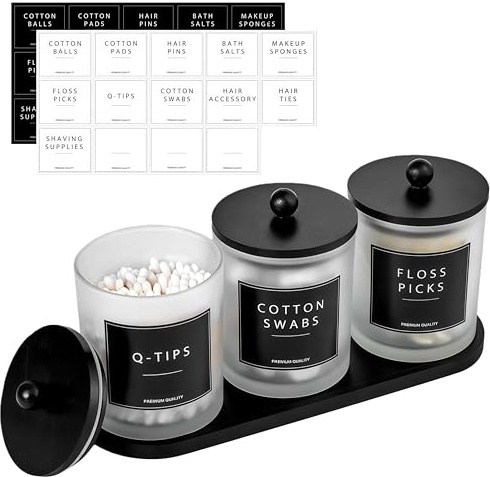 BIKALAN Glas Wattestäbchen Behälter, Schminktisch Badezimmer Organizer Set mit Tablett, Wattepadspender Make up Organizer für Wattestäbchen, Wattepads