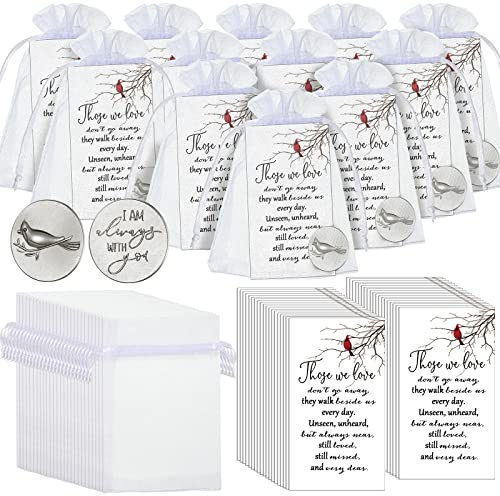 50 Set Cardinal Memorial Coins Angel Sign Gifts Set Include Cardinal Funeral Pocket Token Memorial Sign Poem Cards and White Organza Bags for Angel Charms Wedding Funeral Memory Presents Family