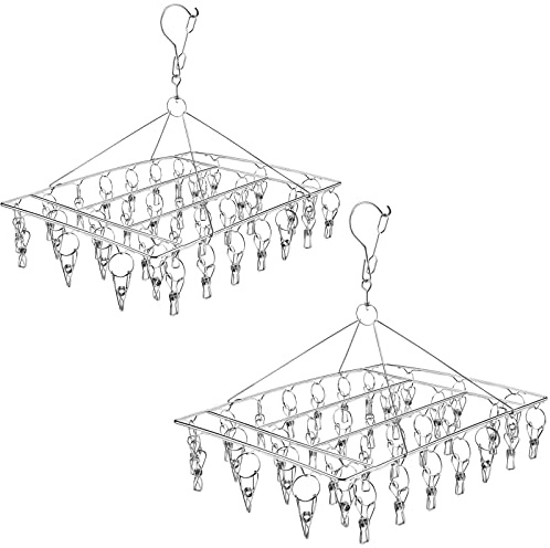 Folding Sock Dryer with 36pegs,Sinnsally 2PCS Metal Square Sock Hanger,Underwear Hanger for Washing Line Accessories,Stainless Steel Clothes Drying Rack,Peg Airer,Laundry Drip Airer Hanger with Clips