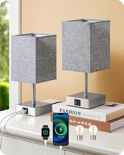 EDISHINE LED Nachttischlampe Touch Dimmbar 2er Set, Tischlampe Modern, Kleine Lampe, mit Ladefunktion, 2 USB Anschlüsse, für Deko Schlafzimmer, Wohnzimmer, Fensterbank, Geschenk, Grau Lampenschirm