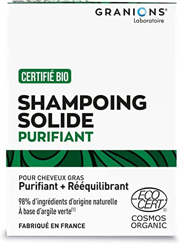 GRANIONS - SHAMPOING SOLIDE PURIFIANT & RÉÉQUILIBRANT - Certifié BIO - Pour cheveux gras - À l'argile verte - 98% d’ingrédients d’origine naturelle - Fabriqué en France
