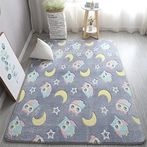 XMwike - Tappeto luminoso fosforescente, per bambini, antiscivolo, per camera da letto e salotto, grigio scuro con gufi, 120 x 60 cm