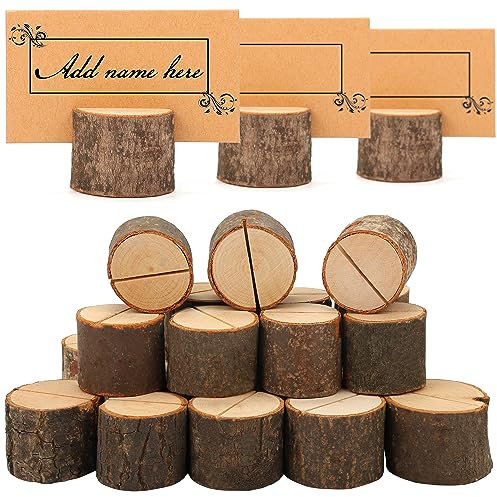 BELLE VOUS Place Card Holders - Rustic Wooden Stands with Place Cards - for Table Number, Name Card, Birthdays/Wedding Table Sign, Party , Photos, and Memo/Note Clip (Round - 30 pack), (BVOUS-BW131)