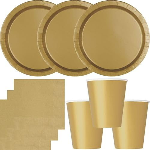 Playflip Party Deko Set Gold Einweggeschirr für 16 Personen Teller, Becher, Servietten