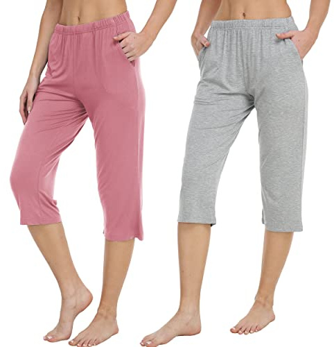 Pantalon Pijama Mujer Suave Modal Pijama Verano Largos Pantalones Capri Mujer con Bolsillos Gris Claro Rosa Claro XL