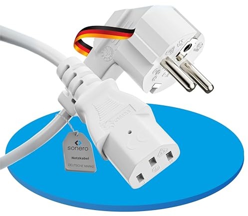 sonero Kaltgerätekabel Stromkabel 90° Winkel C13 3-polig Schutzkontakt 20m | Weißes 90° Netzkabel für Monitor, PC, Drucker, Beamer und Spielekonsolen mit Schutzkontakt Stecker auf IEC C13 Buchse