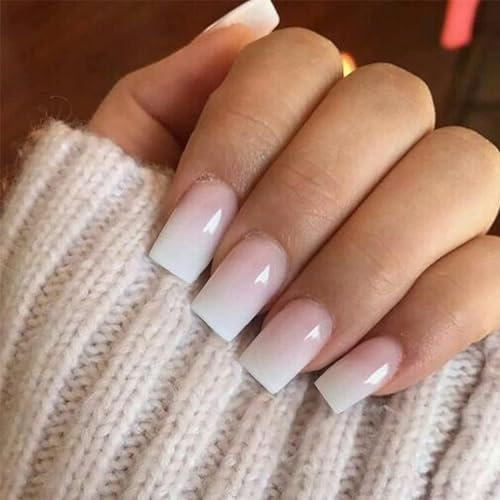 Kryzalite 24 Stück Ombre Rosa Nägel zum Aufdrücken, kurz, mittelgroß, quadratisch, zum Aufkleben der Nägel, weiß und rosa, künstliche Nägel für französische Maniküre