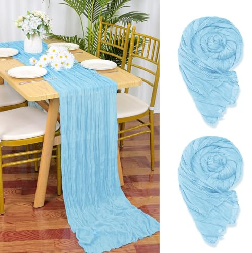 YMHPRIDE 2 Packs Cheesecloth Table Runner Baby Blue, 90x300cm Light Blue Rustic Gauze Fabric Boho Table Runner, Cheesecloth Wedding Table Decor for Wedding Party Bridal Shower Table Decorations