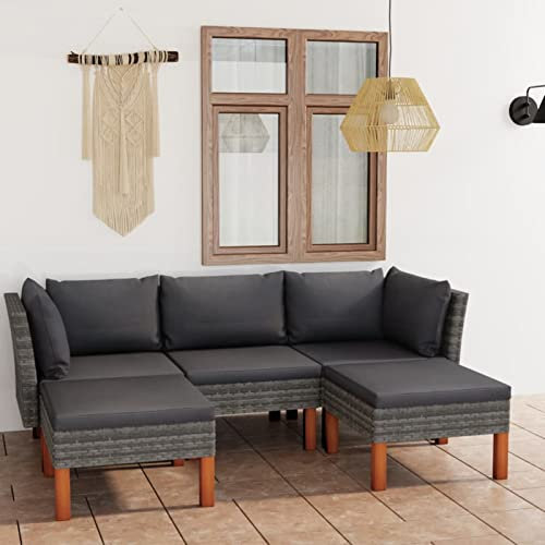 Homgoday 5-TLG. Garten-Lounge-Set mit Kissen Gartenlounge Sofa Balkon Lounge Sofa Ecksofa Garten Sitzgruppe Gartenmöbel Set Balkonmöbel Gartengarnitur Poly Rattan Grau