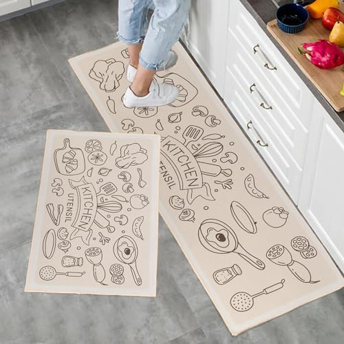 Fecialy Juego de alfombras de Cocina de 2 Piezas, alfombras y tapetes de Cocina Antideslizantes y Lavables 43x75+43x120CM Alfombra de Piso para Pasillo Entrada lavandería