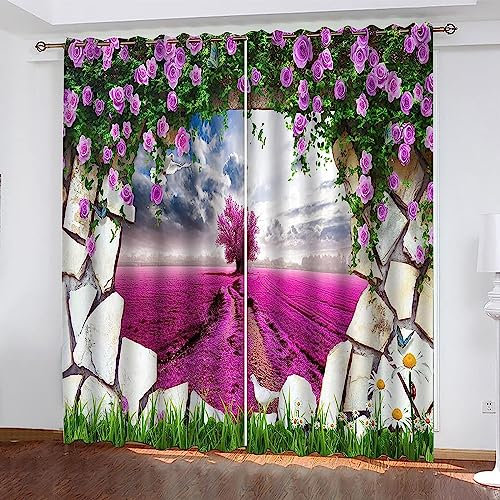 Kinder Verdunkelungsvorhänge Lila Lavendelfeld 3D Polyester Ösen Vorhang, Für Wohnzimmer Schlafzimmer Kinderzimmer Junge Mädchen Zimmer Blickdicht Schallschutzvorhänge 2Er Set 300 B X 280 H C-5V6K4S9D