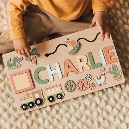 Personalisiertes Namens-Puzzle für Kinder, individuelles Namenspuzzle für Neugeborene, Babys, Jungen, Mädchen, Geschenk, Montessori-Spielzeug mit Klammern für 1–3 Jahre, handgefertigte Holzpuzzles für