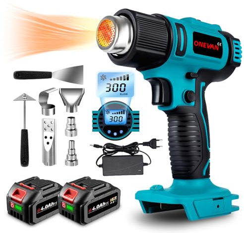 ONEVAN décapeur thermique sans fil, 50-550 °C pistolet thermique électrique avec 2 batteries de 4,0 Ah, écran LCD numérique, pistolet a air chaud avec 5 buses et 2 grattoirs