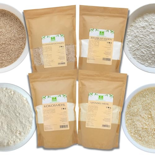 Backmischung Für KetoBackwaren 4 Keto Mehl zum Backen Mehlmischung 4er Pack | Kohlenhydratarme 4 Mehle zum Backen Keto Brot, enthält:Mandelmehl 1kg, Kokosmehl 1kg, Flohsamenschalen 500g, Bambusfaser 500g