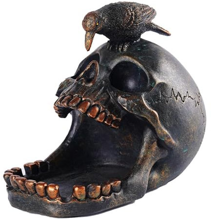 Plateau à bonbons en forme de tête de mort – Porte-clé squelette | Plateau à bijoux en forme de crâne de corbeau | Figurine de corbeau noir | Rangement de bague d'Halloween pour décoration de bonbons