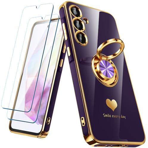 Nonional for Samsung Galaxy A35 5G Case with 2 Pack Screen Protector, 360° Rotatable Ring Holder [Luxury Hearts Pattern] Plating Gold Edge Slim Soft Phone Cover Case for Galaxy A35 - Purple