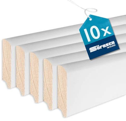 Sörnsen Wood Sockelleiste Kiefer – 12x58x2400 mm, 10 Stück hochwertige Fußleisten mit rundem Profil – weiß RAL 9016 lackiert und damit extra langlebig