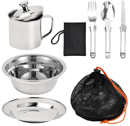 Dokeno Set Piatti Bicchieri e Posate Campeggio, Set di Stoviglie da Campeggio in Acciaio Inox con Piatto Ciotola Tazza Forchette Cucchiai Coltelli, Kit Stoviglie per Picnici Viaggio Trekking (8 Pezzi)