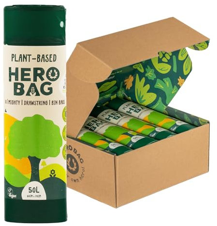 HERO BAG 50L Plant-Based Heavy Duty Kitchen Bin Bags with Drawstrings, Extra Strong, No Leaks, Biodegradable, Compostable, Vegan Cruelty Free, Recycling Trash Liners Clear and Black Bin Bags, 80 Count
