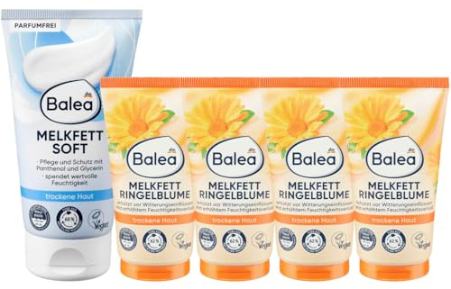 Balea 5er-Set Hautpflege: Melkfett Soft zur Vorbeugung & Pflege spröder Hautstellen (150 ml) + Melkfett Ringelblume für trockene Haut als Kälteschutz & für Massagen geeignet (4 x 75 ml), 450 ml