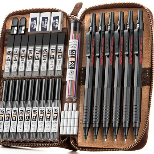 Nicpro 6 Stück Druckbleistift Set im Lederetui, Zeichenbleistifte in den Stärken 0,3 0,5 0,7 0,9 und 2 mm, Mechanical Pencil zum Skizzieren und Schreiben, mit 18 Minen (6B 4B 2B HB 2H 4H Farben)