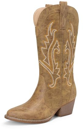 DREAM PAIRS Cowgirl-stövlar för kvinnor, broderade, spetsig tå, låg klack, västerländsk mitten, vaden, stövel för temafest, landskonsert, SOLBRÄNNA, 8.5 US
