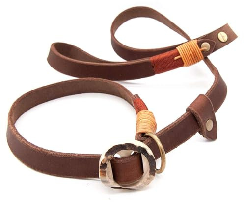Retrieverleine Leder 20 mm in Braun | Burnt Amber | Moxon-Leine mit außergewöhnlichem Horn-Zugstopp | robuste und edle Hundeleine aus hochwertigem Fettleder mit integrierter Halsung - 230 cm