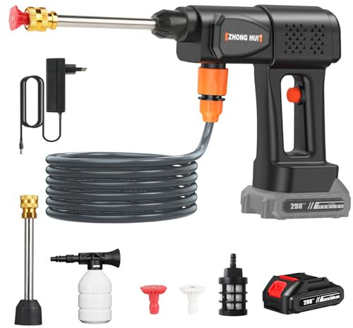 Idropulitrice a batteria 21 V 36 bar, idropulitrice ad alta pressione con batteria da 6000 mAh, tubo da 5 m, caraffa di schiuma, pistola elettrica portatile, per pulire pavimenti (con 1 batteria)